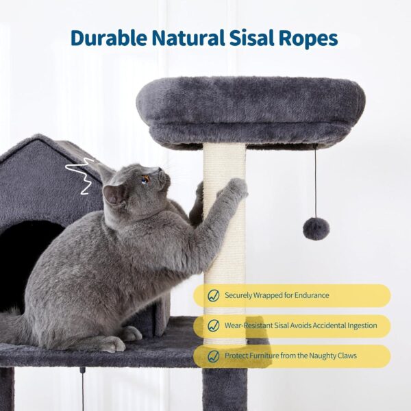 60 InchMulti-Level Cat Tree For Indoor Cats With Plush Hammock, Cozy Cat House, Scratching Post, Top Perch And Two Hanging Balls - Image 6