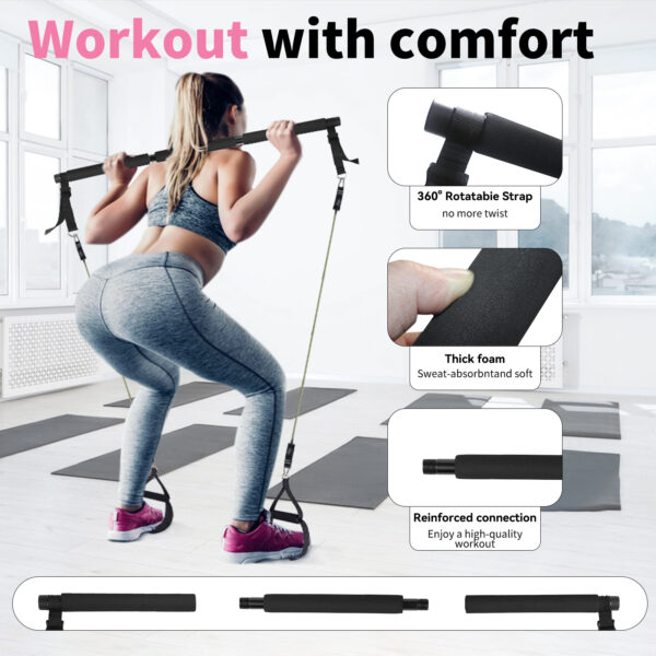 Professional Yoga & Pilates Bar Kit - 18-Piece Full-Body Workout Set With Adjustable 3-Section Bar, Ab Roller, 6 Resistance Bands, Ankle Straps & Door Anchor - Image 4