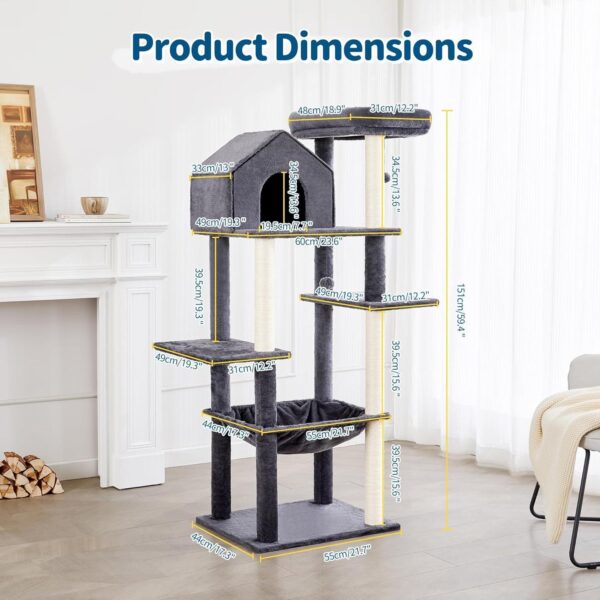 60 InchMulti-Level Cat Tree For Indoor Cats With Plush Hammock, Cozy Cat House, Scratching Post, Top Perch And Two Hanging Balls - Image 9