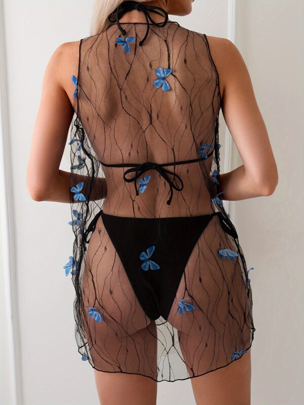 European And American Style Bikini Set, Three-piece, Black, Butterfly Lace, Vacation Style - Image 5