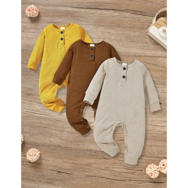 3-Pack Newborns Infants Baby Boys & Girls Long Sleeve Ribbed Romper Soft Button Front Jumpsuit - Image 9