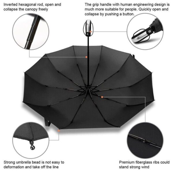 10 Ribs Strong Automatic Umbrella Windproof Stormproof Compact Folding Umbrella - Image 10