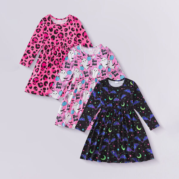 3pcs Toddler Girl's Halloween Dress Skull Ghost Bats Print Stretch Long Sleeve A-line Dresses - Image 3