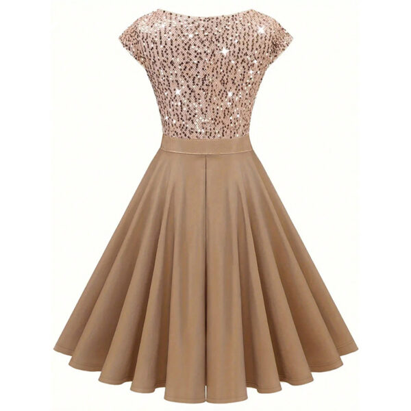 Women's Elegant Sequin V Neck Cap Sleeves Pleated Evening Cocktail Dress - Image 4
