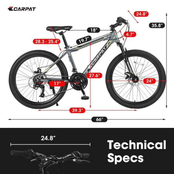 24 Inch Mountain Bike, Suitable For Boys And Girls, Steel Frame, Shimano 21 Speed Mountain Bike, With Dual Disc Brakes And Front Suspension, Banned Platform Temu - Image 7