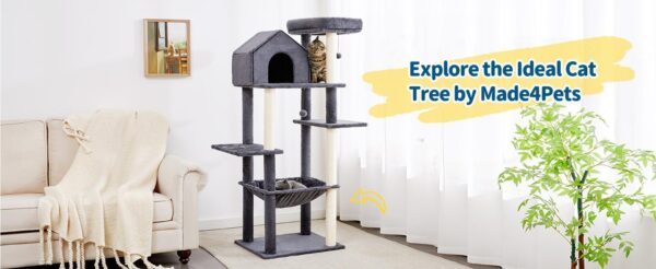 60 InchMulti-Level Cat Tree For Indoor Cats With Plush Hammock, Cozy Cat House, Scratching Post, Top Perch And Two Hanging Balls - Image 8
