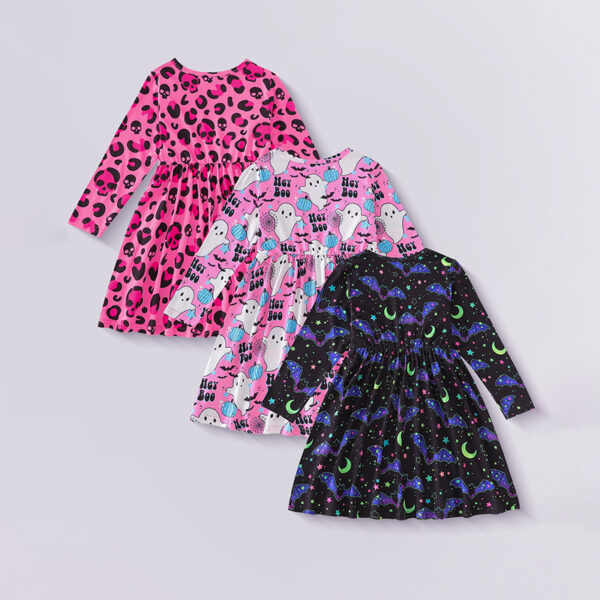 3pcs Toddler Girl's Halloween Dress Skull Ghost Bats Print Stretch Long Sleeve A-line Dresses - Image 5