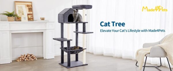 60 InchMulti-Level Cat Tree For Indoor Cats With Plush Hammock, Cozy Cat House, Scratching Post, Top Perch And Two Hanging Balls - Image 10