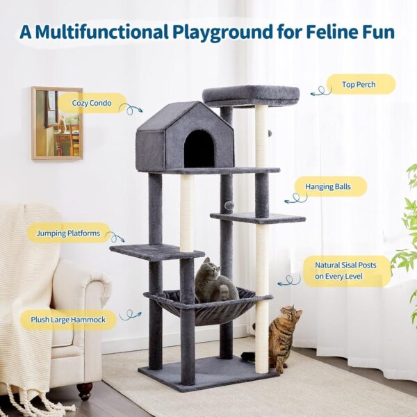 60 InchMulti-Level Cat Tree For Indoor Cats With Plush Hammock, Cozy Cat House, Scratching Post, Top Perch And Two Hanging Balls - Image 3