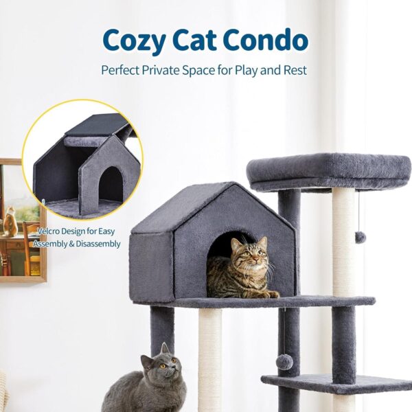 60 InchMulti-Level Cat Tree For Indoor Cats With Plush Hammock, Cozy Cat House, Scratching Post, Top Perch And Two Hanging Balls - Image 5