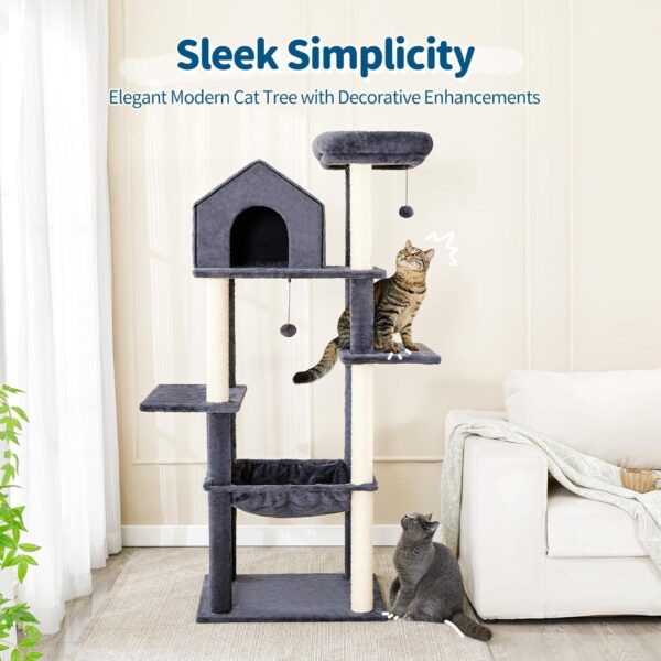 60 InchMulti-Level Cat Tree For Indoor Cats With Plush Hammock, Cozy Cat House, Scratching Post, Top Perch And Two Hanging Balls - Image 7