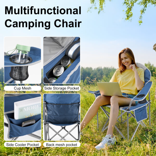 Oversized Camping Folding Chair, Heavy Duty Padded Chair With Cup Holder Storage And Cooler Bag, 5000 LBS Steel Frame, Portable For Outdoor - Image 4